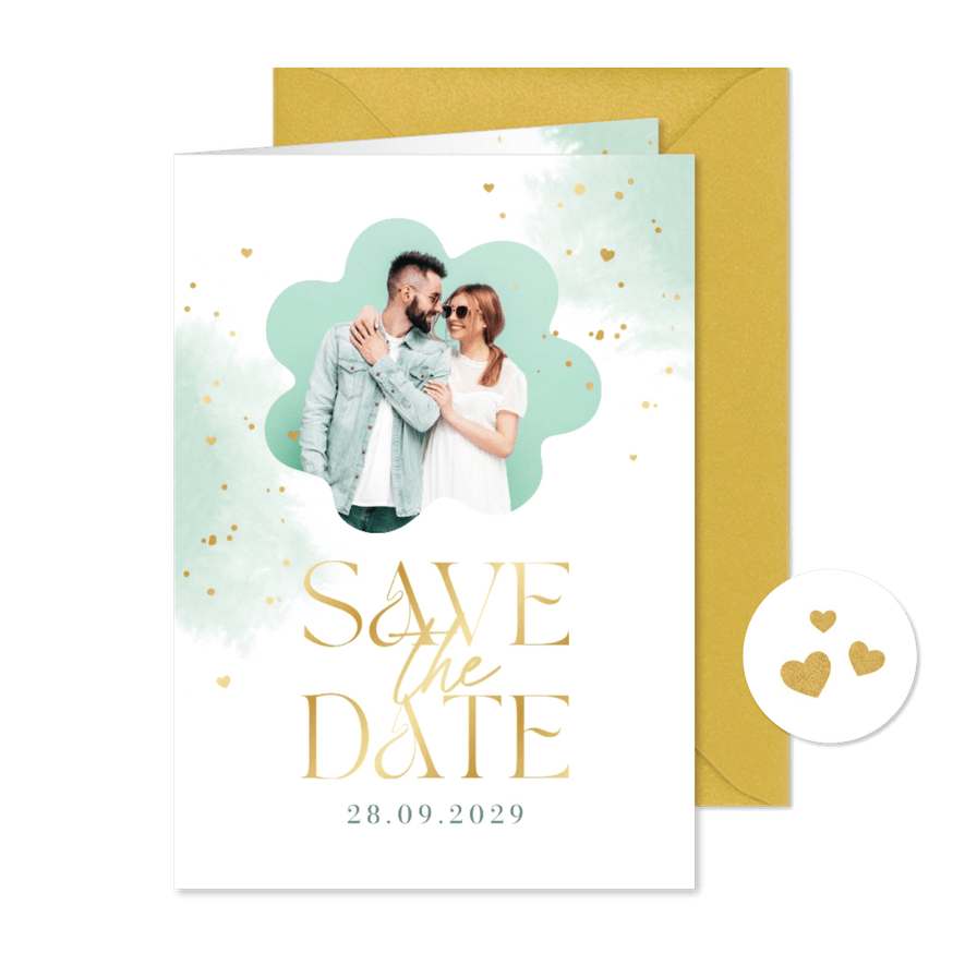 Save-The-Date-Karte Foto auf mintgrünem Aquarell - Karteneindruck