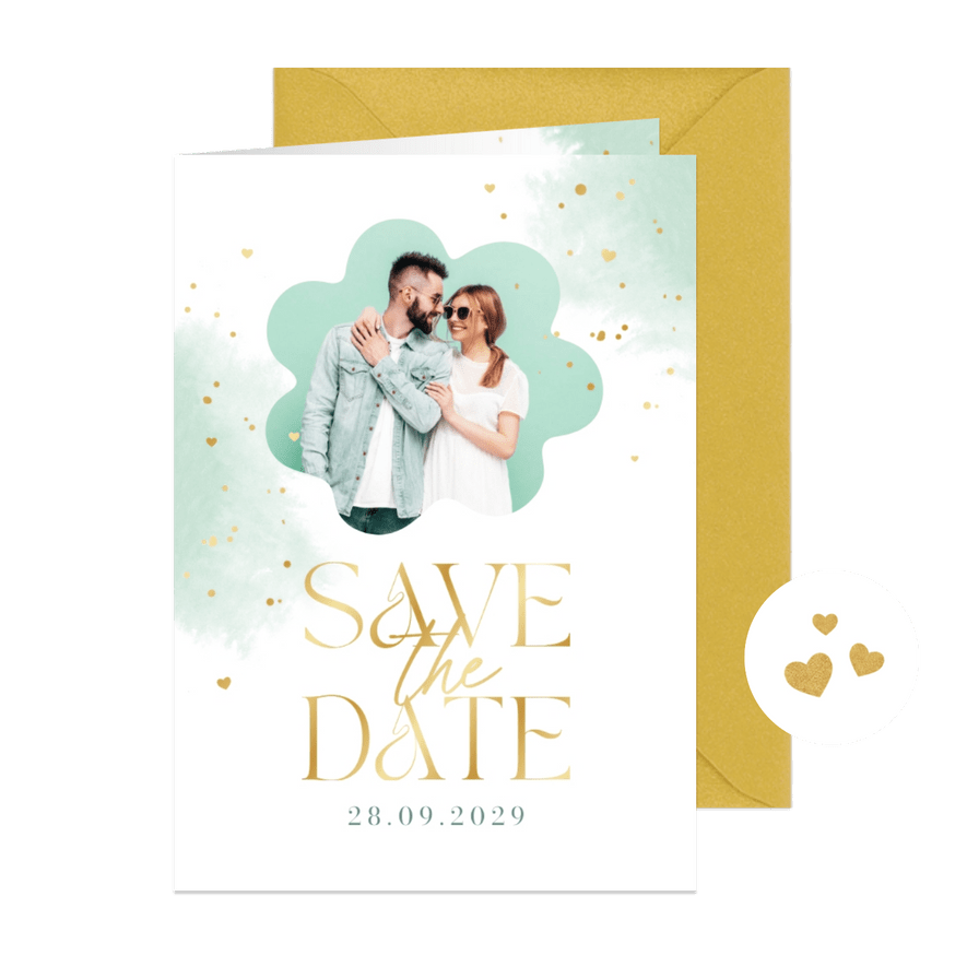 Save-The-Date-Karte Foto auf mintgrünem Aquarell - Karteneindruck
