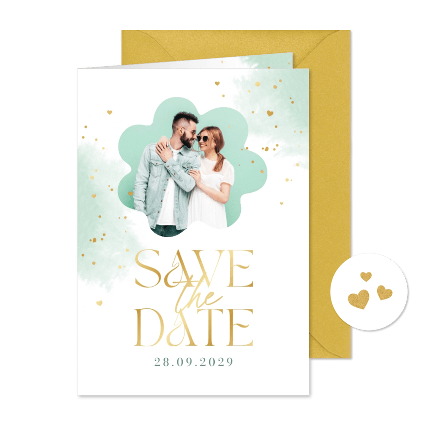 Save-The-Date-Karte Foto auf mintgrünem Aquarell - Karteneindruck