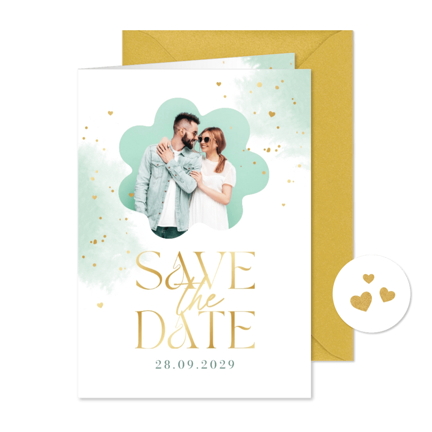 Save-The-Date-Karte Foto auf mintgrünem Aquarell - Karteneindruck
