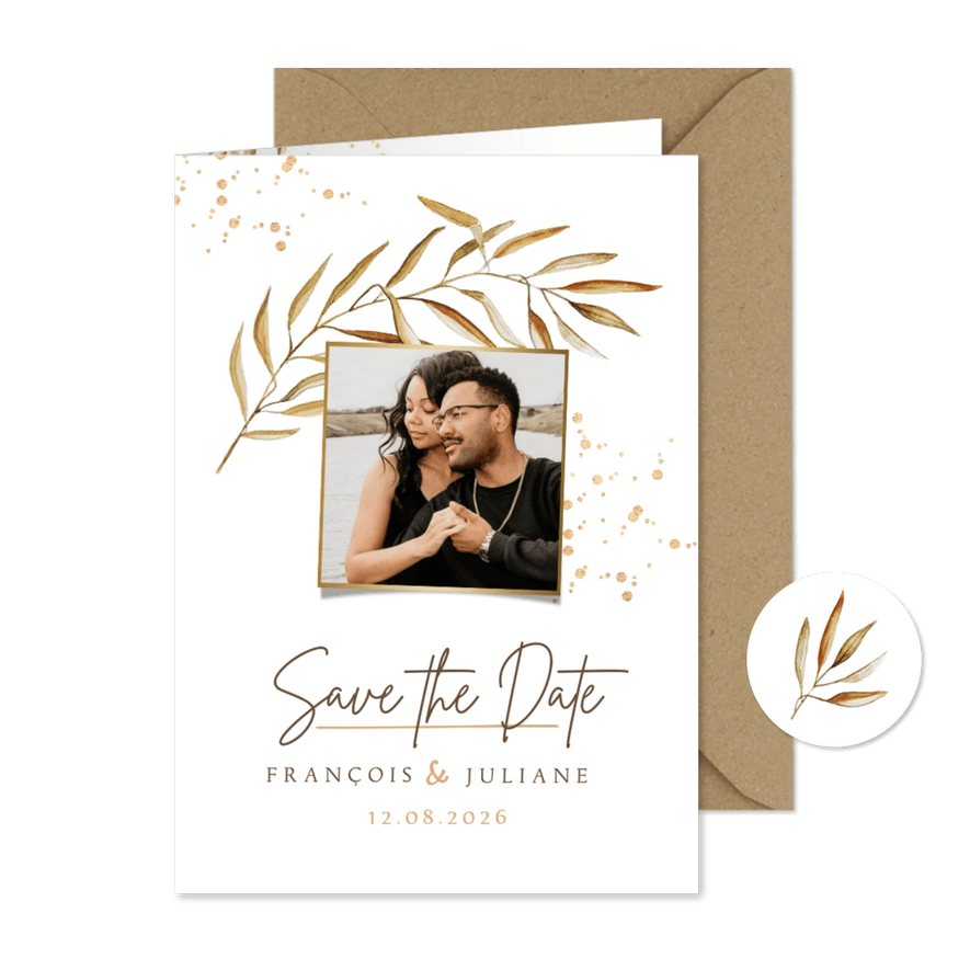 Save-the-Date-Karte Foto und feine Zweige - Karteneindruck