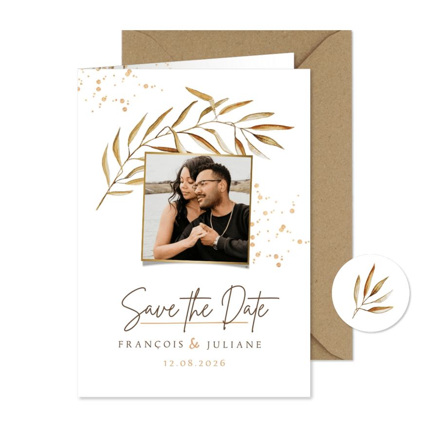 Save-the-Date-Karte Foto und feine Zweige - Karteneindruck