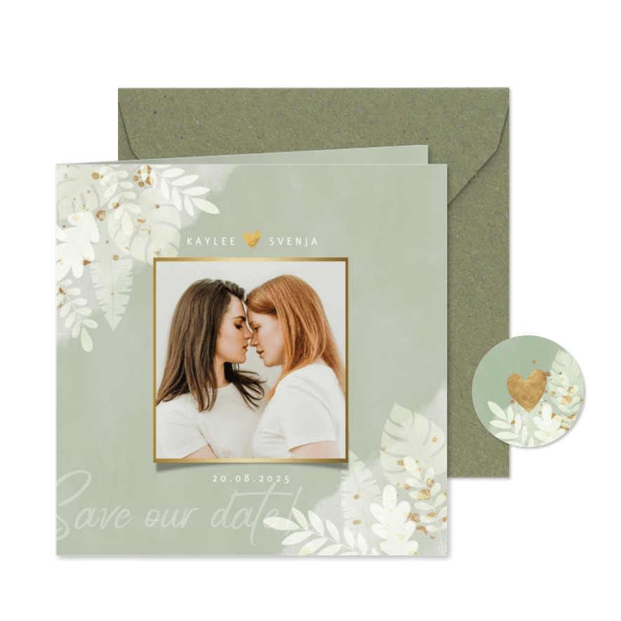 Save-the-Date-Karte grüne Wasserfarbe und Dschungelblätter - Karteneindruck
