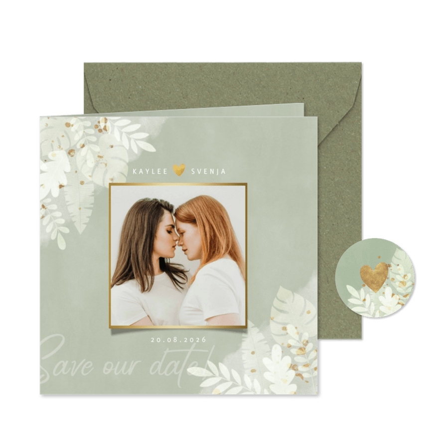 Save-the-Date-Karte grüne Wasserfarbe und Dschungelblätter - Karteneindruck
