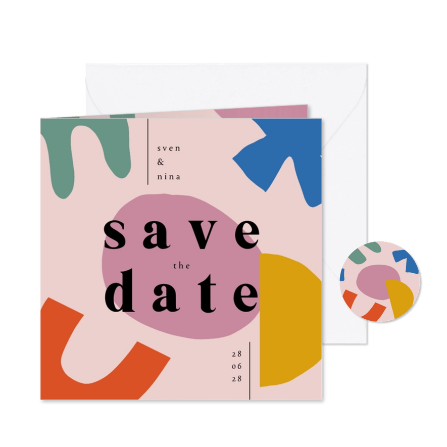 Save-the-Date-Karte Hochzeit 'Colourful Modern Art' - Karteneindruck