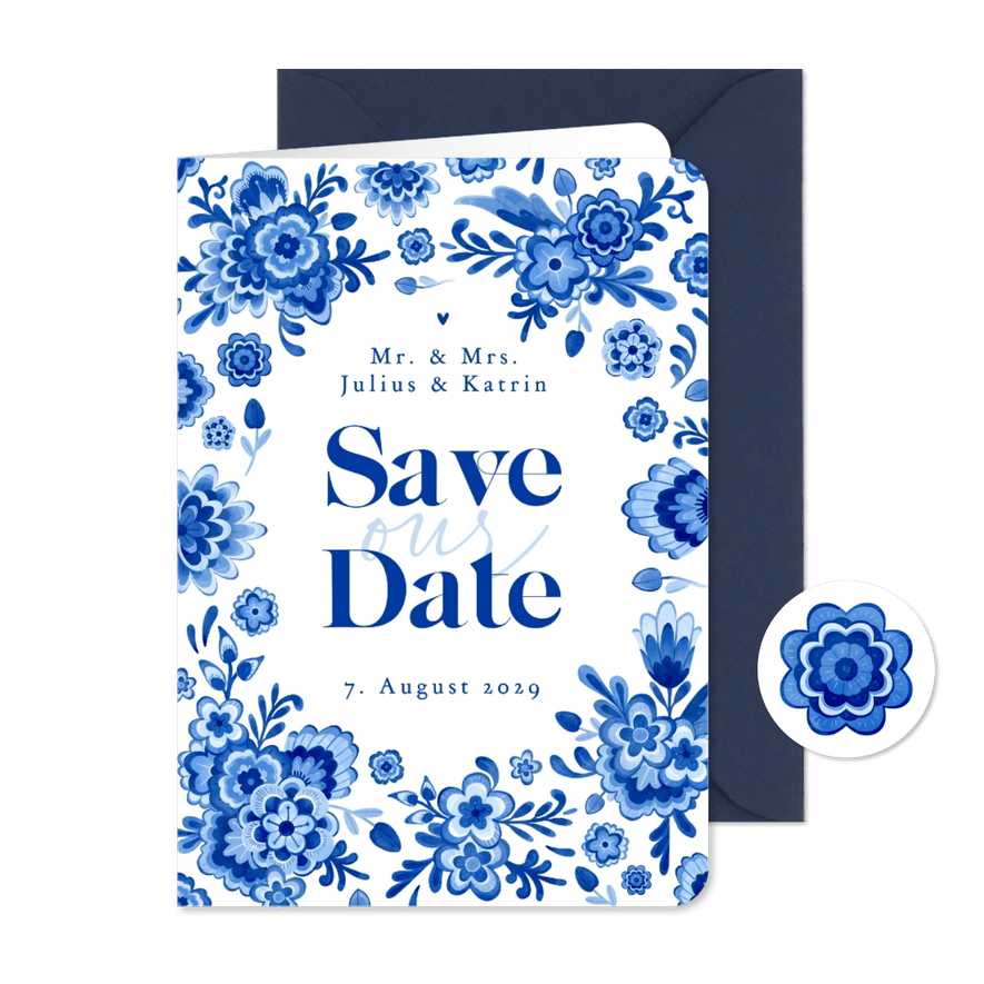 Save-the-Date-Karte Hochzeit Delfter Blau Blumendekor - Kartenvorschau