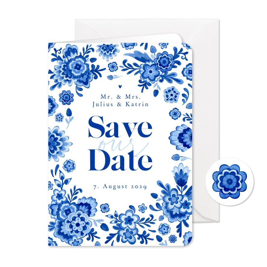 Save-the-Date-Karte Hochzeit Delfter Blau Blumendekor - Karteneindruck
