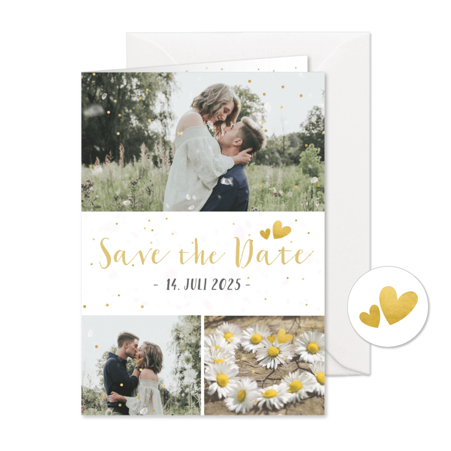 Save-the-Date-Karte Hochzeit drei Fotos und Konfetti - Karteneindruck
