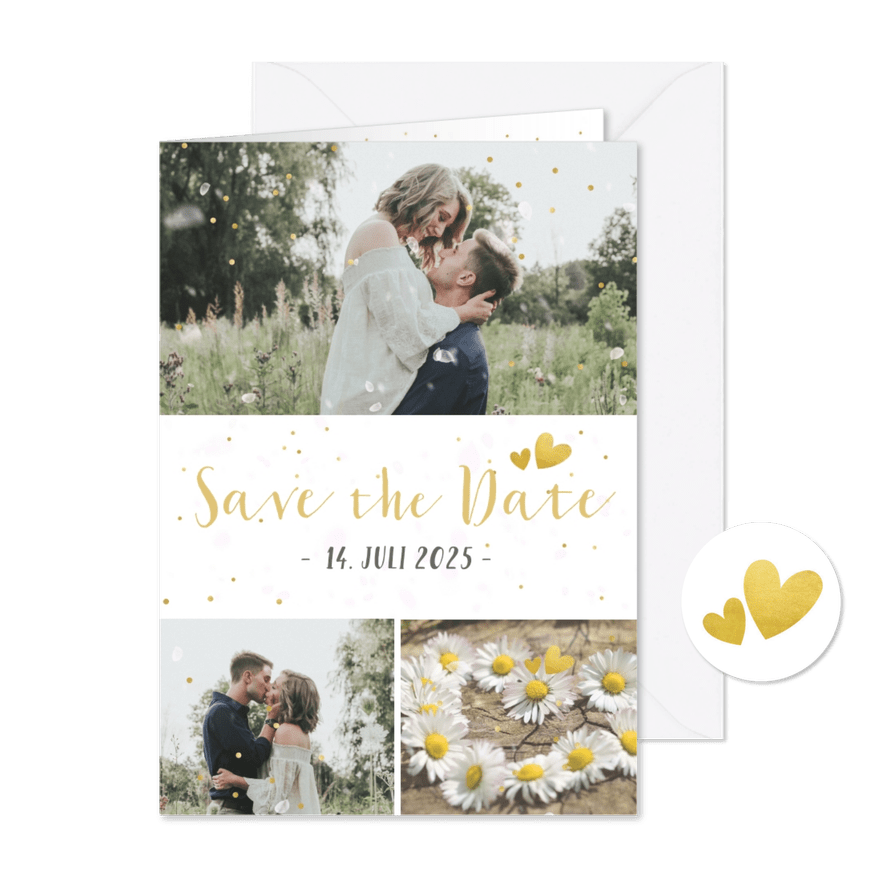Save-the-Date-Karte Hochzeit drei Fotos und Konfetti - Karteneindruck