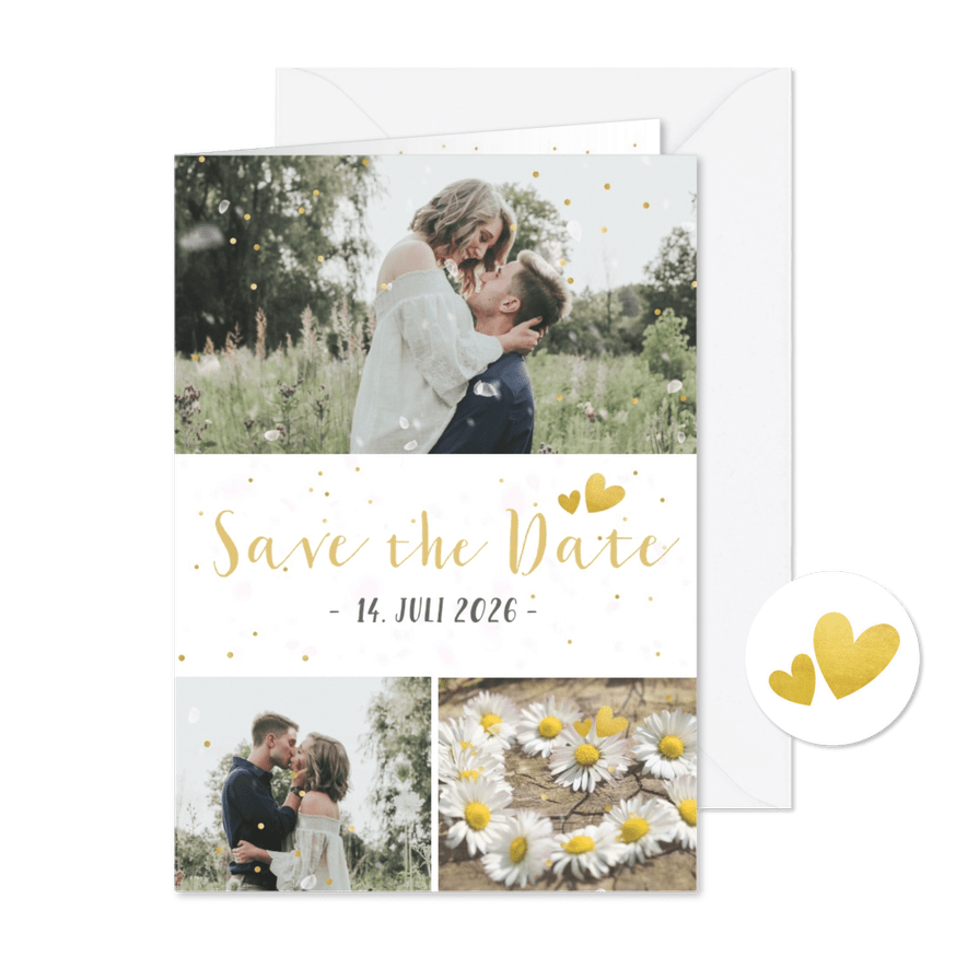 Save-the-Date-Karte Hochzeit drei Fotos und Konfetti - Kartenvorschau
