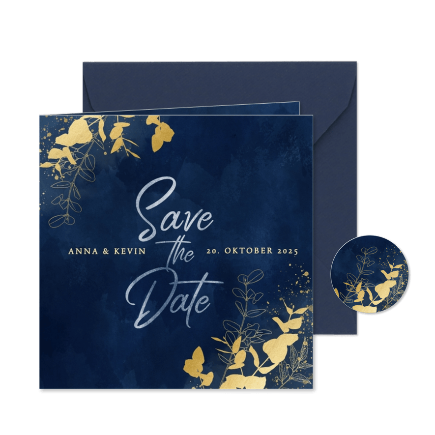 Save-the-Date-Karte Hochzeit Eukalyptus Goldlook - Karteneindruck