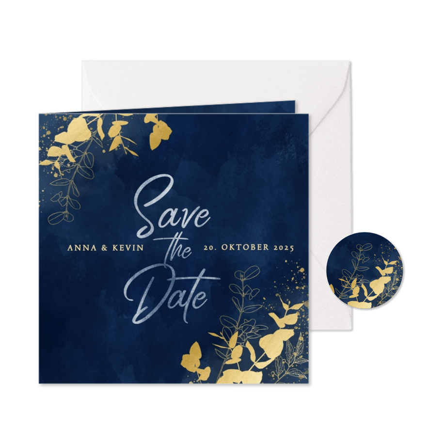 Save-the-Date-Karte Hochzeit Eukalyptus Goldlook - Karteneindruck
