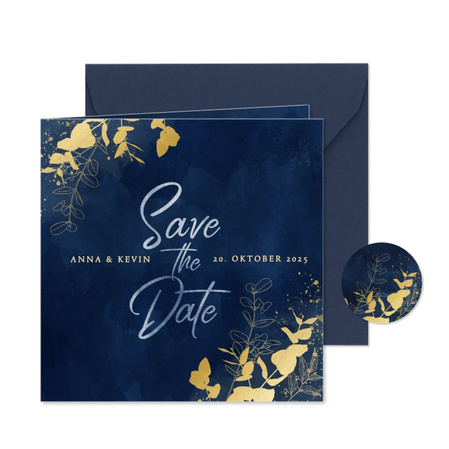 Save-the-Date-Karte Hochzeit Eukalyptus Goldlook - Karteneindruck