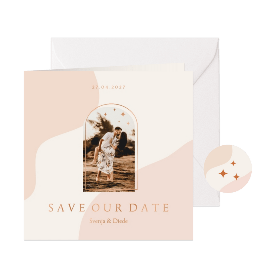 Save-the-Date-Karte Hochzeit Foto Bogenfenster Kupfer - Karteneindruck
