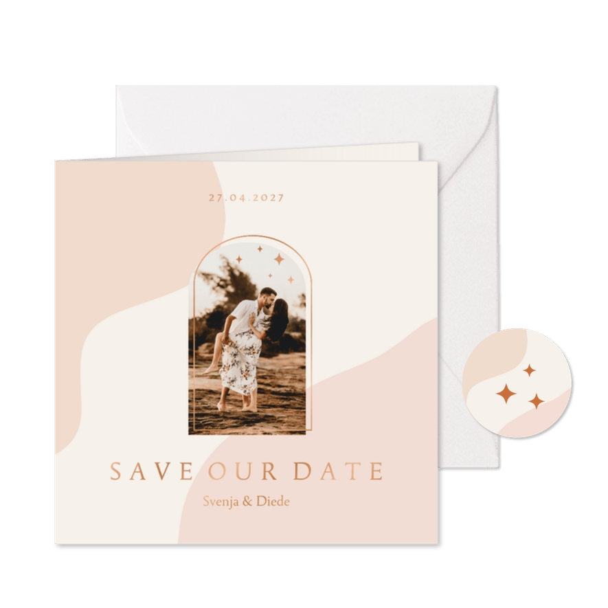 Save-the-Date-Karte Hochzeit Foto Bogenfenster Kupfer - Karteneindruck
