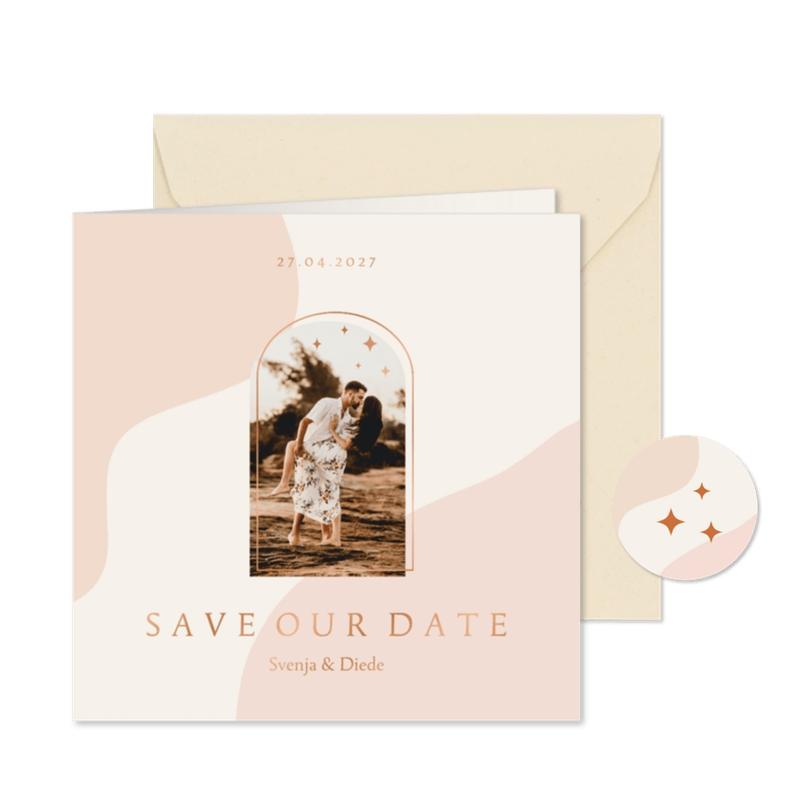 Save-the-Date-Karte Hochzeit Foto Bogenfenster Kupfer - Karteneindruck