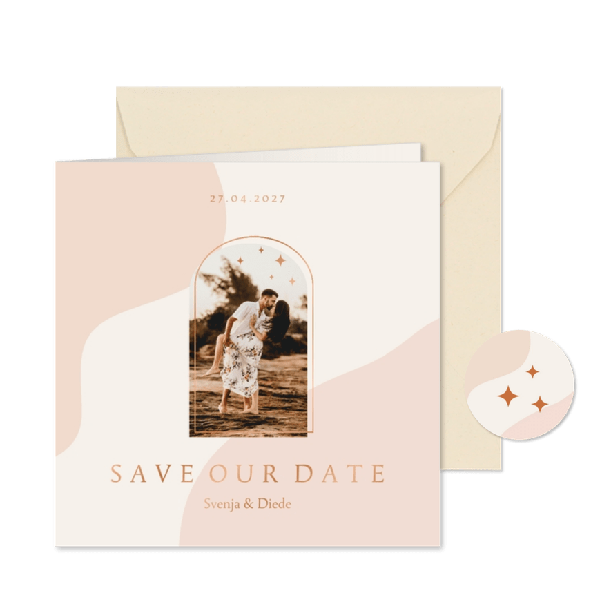 Save-the-Date-Karte Hochzeit Foto Bogenfenster Kupfer - Karteneindruck
