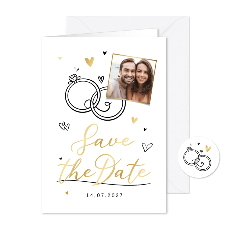 Save-the-Date-Karte Hochzeit Foto & Doodles Goldelemente - Karteneindruck

