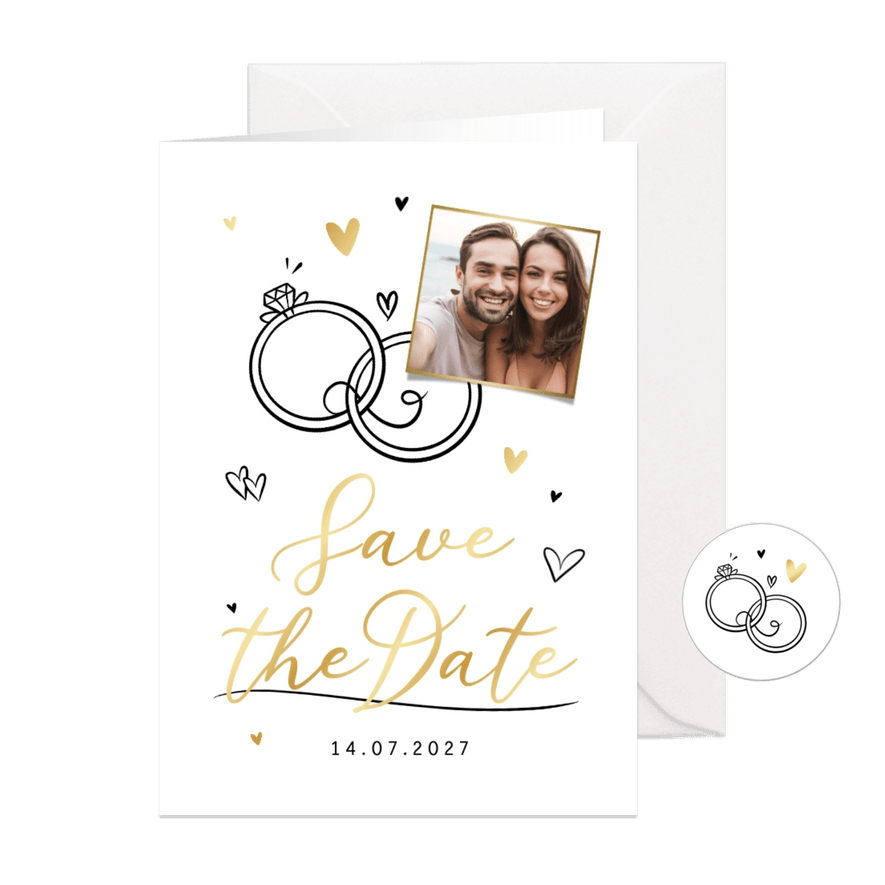 Save-the-Date-Karte Hochzeit Foto & Doodles Goldelemente - Karteneindruck
