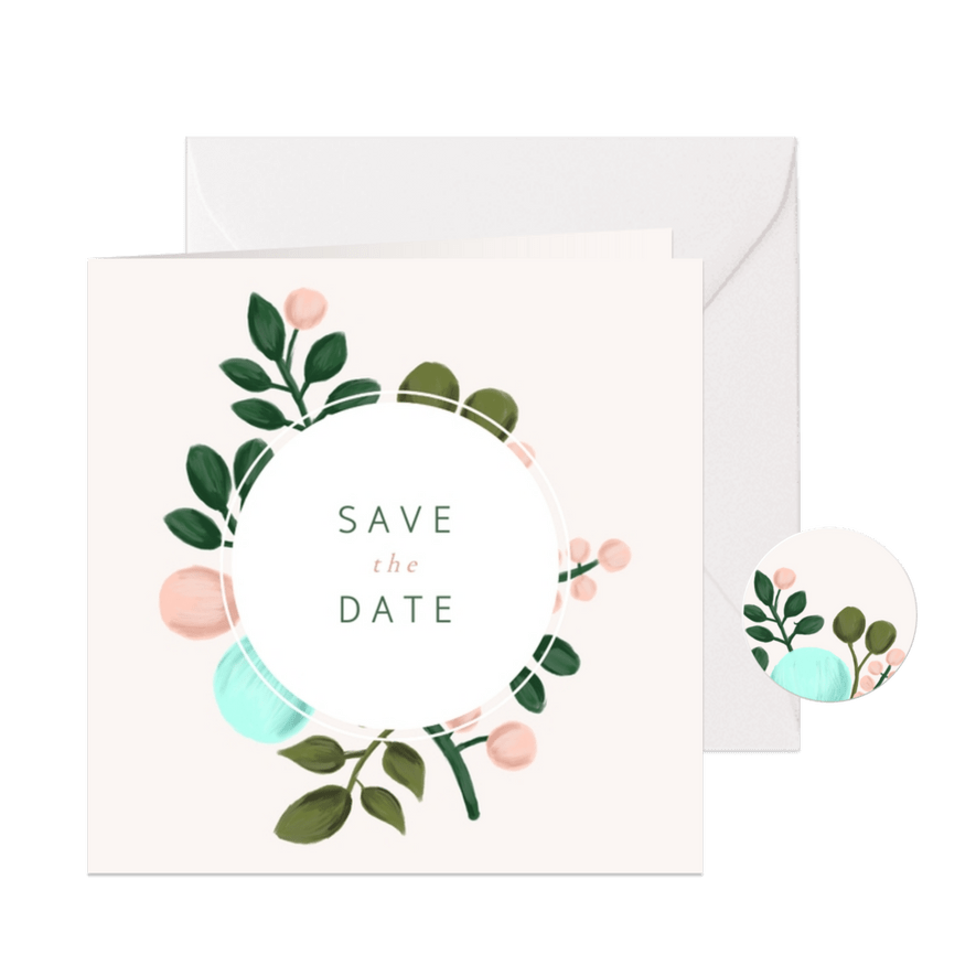 Save-the-Date-Karte Hochzeit gezeichneter Blumenkranz - Karteneindruck
