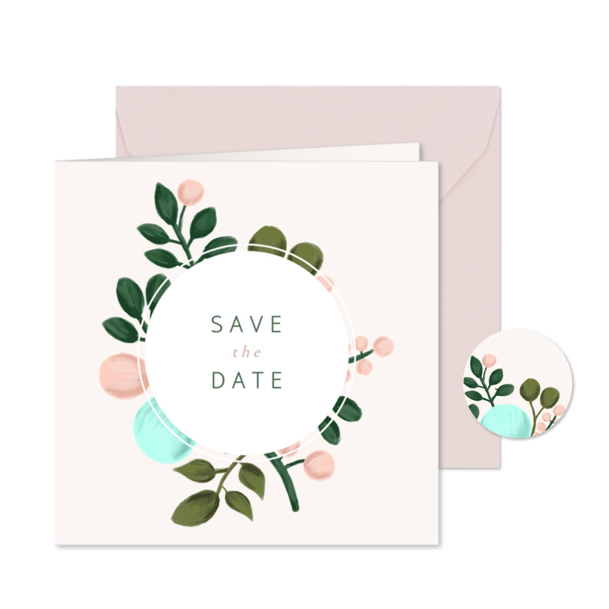 Save-the-Date-Karte Hochzeit gezeichneter Blumenkranz - Karteneindruck