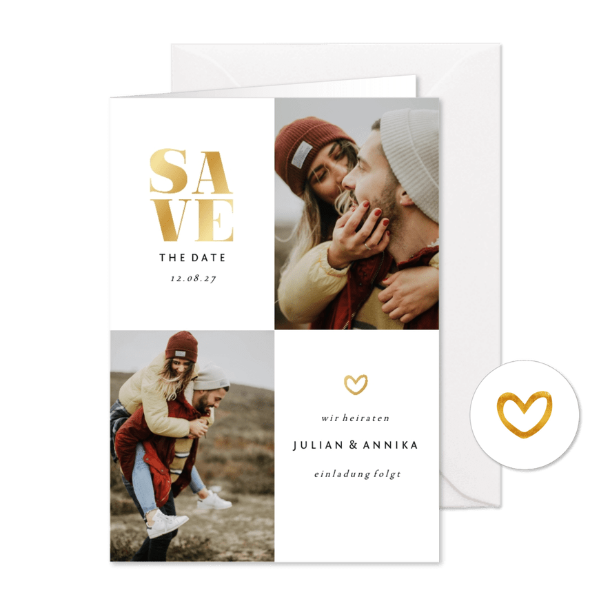 Save-the-Date-Karte Hochzeit Goldakzente Fotos - Karteneindruck
