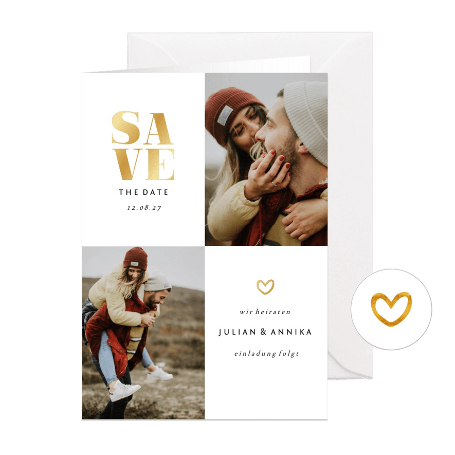 Save-the-Date-Karte Hochzeit Goldakzente Fotos - Karteneindruck
