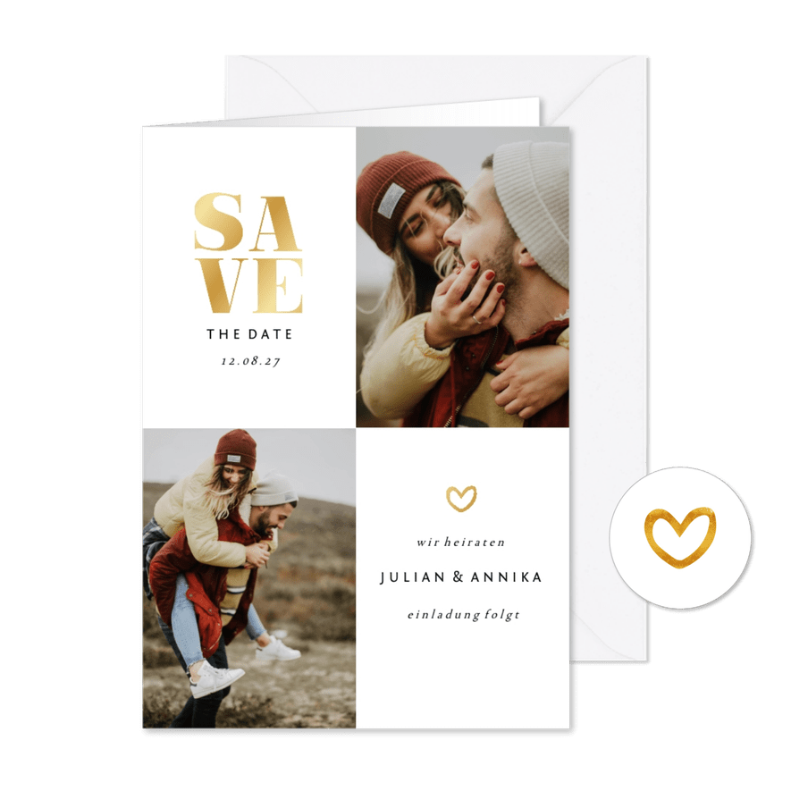 Save-the-Date-Karte Hochzeit Goldakzente Fotos - Karteneindruck