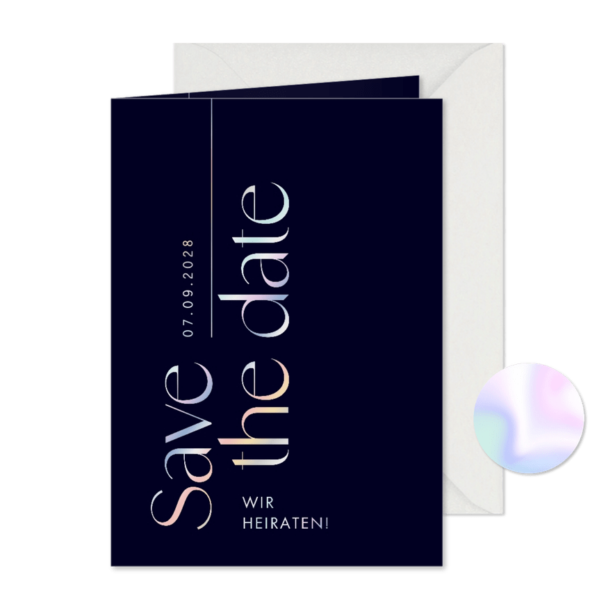 Save-the-Date-Karte Hochzeit holografischer Schriftzug - Karteneindruck