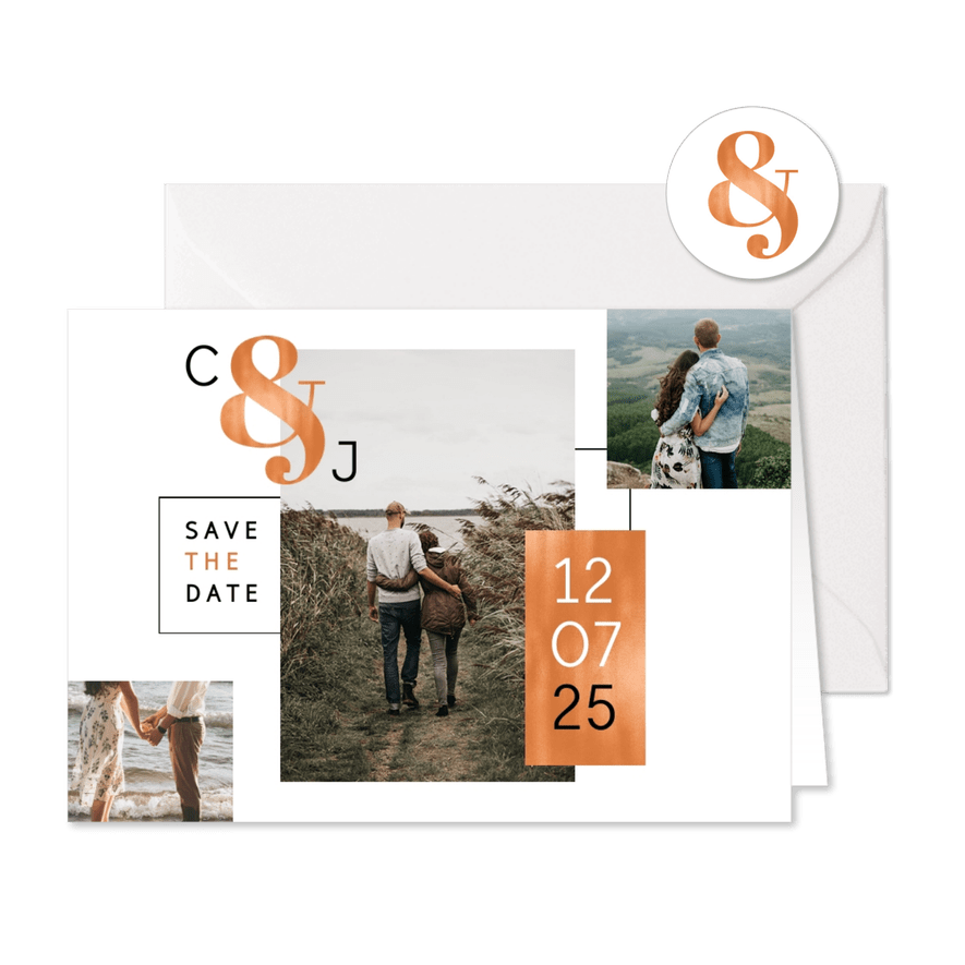 Save-the-Date-Karte Hochzeit Kupfer grafisch Fotocollage - Karteneindruck
