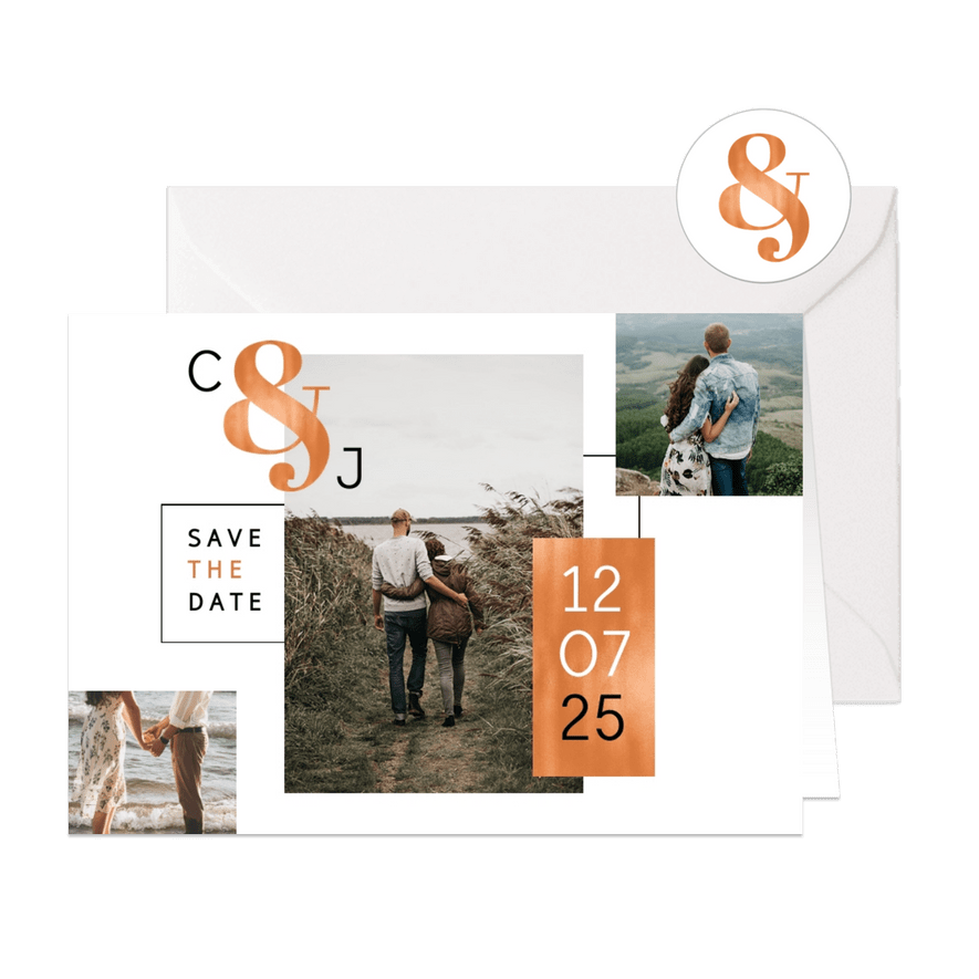 Save-the-Date-Karte Hochzeit Kupfer grafisch Fotocollage - Karteneindruck
