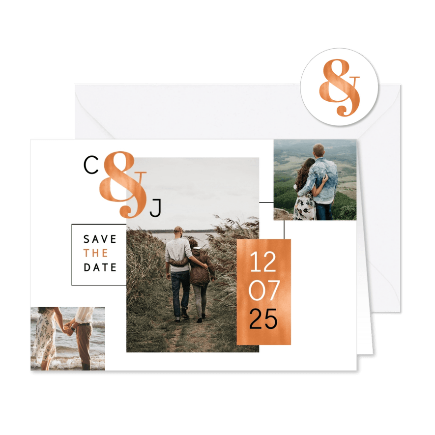 Save-the-Date-Karte Hochzeit Kupfer grafisch Fotocollage - Karteneindruck