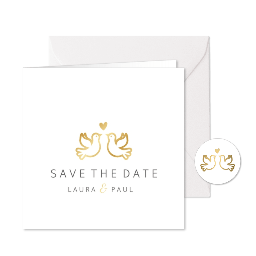 Save-the-Date-Karte Hochzeit mit goldenen Tauben und Herz - Karteneindruck
