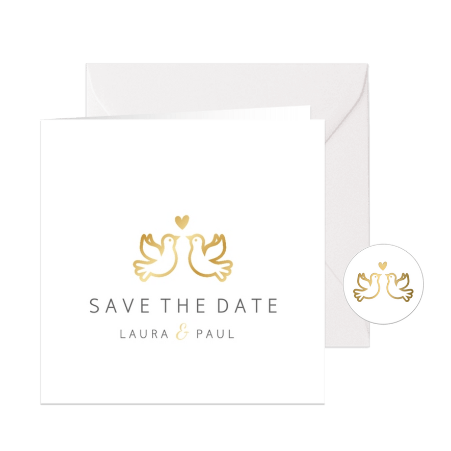 Save-the-Date-Karte Hochzeit mit goldenen Tauben und Herz - Karteneindruck
