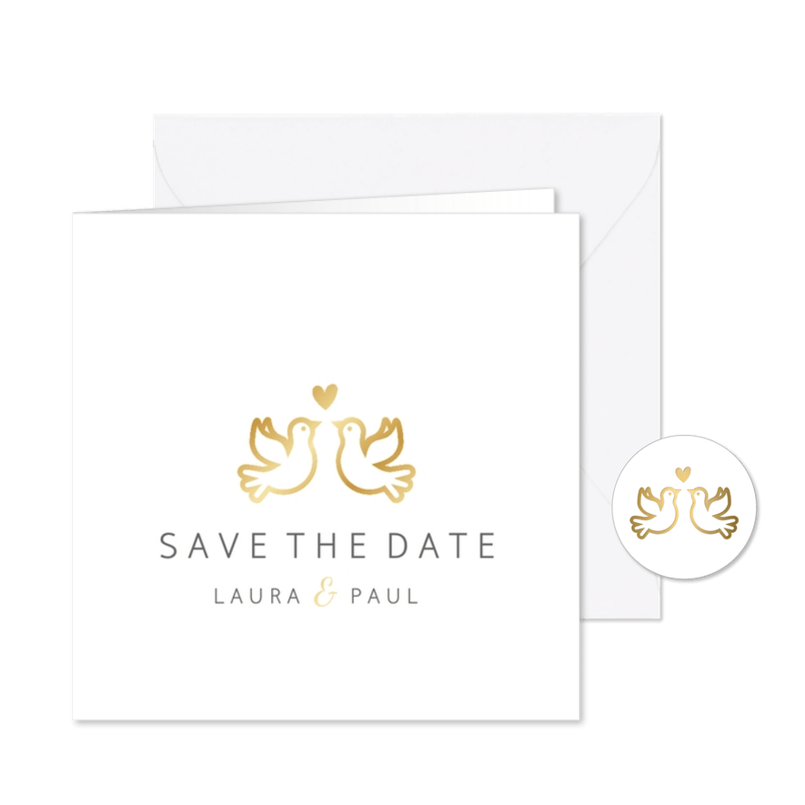 Save-the-Date-Karte Hochzeit mit goldenen Tauben und Herz - Karteneindruck