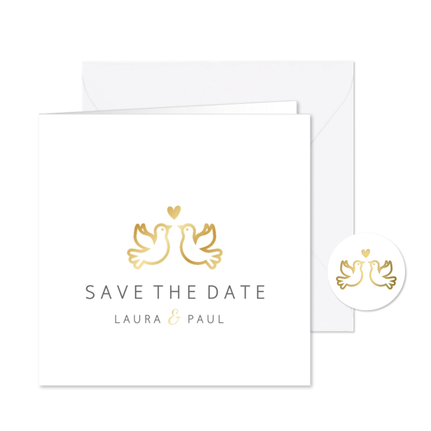 Save-the-Date-Karte Hochzeit mit goldenen Tauben und Herz - Karteneindruck