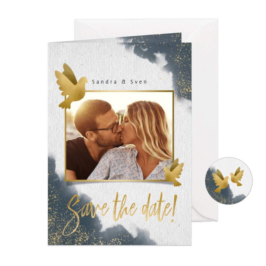 Save-the-Date-Karte Hochzeit mit Tauben & eigenem Foto - Karteneindruck
