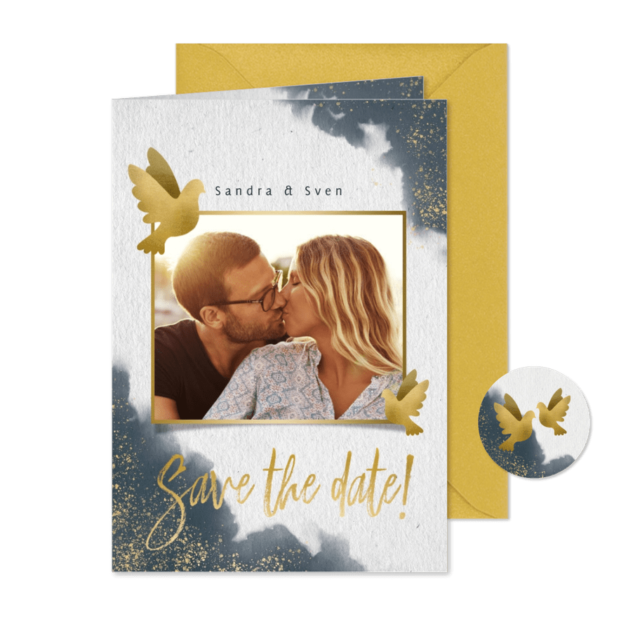 Save-the-Date-Karte Hochzeit mit Tauben & eigenem Foto - Karteneindruck
