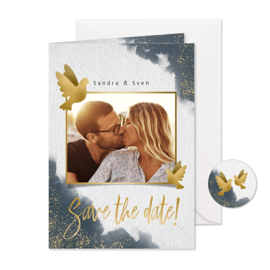 Save-the-Date-Karte Hochzeit mit Tauben & eigenem Foto - Karteneindruck
