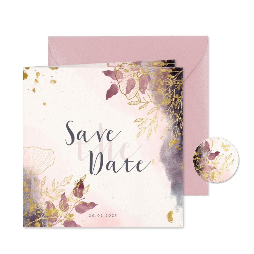 Save-the-Date-Karte Hochzeit rosa mit stilvollen Blumen - Karteneindruck
