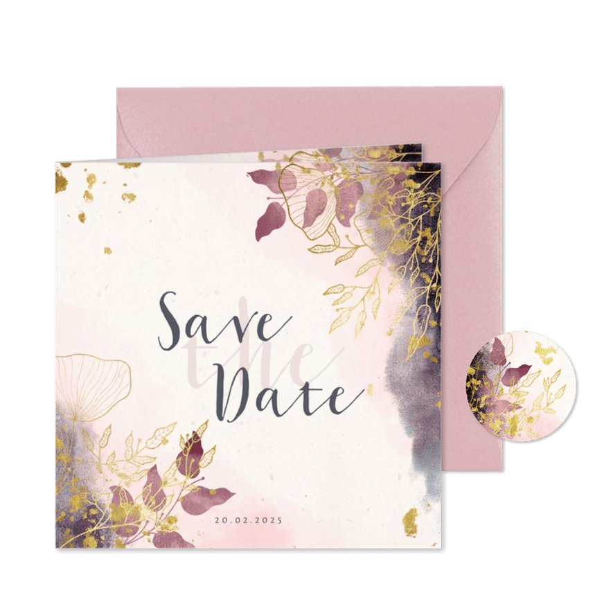 Save-the-Date-Karte Hochzeit rosa mit stilvollen Blumen - Karteneindruck