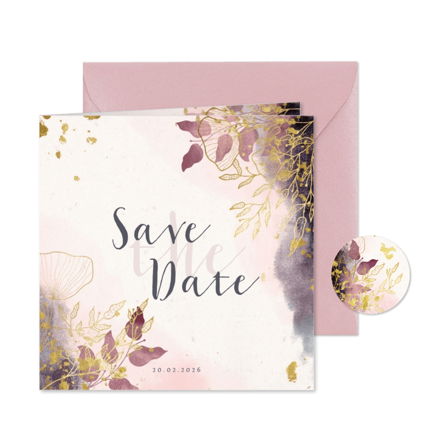 Save-the-Date-Karte Hochzeit rosa mit stilvollen Blumen - Karteneindruck
