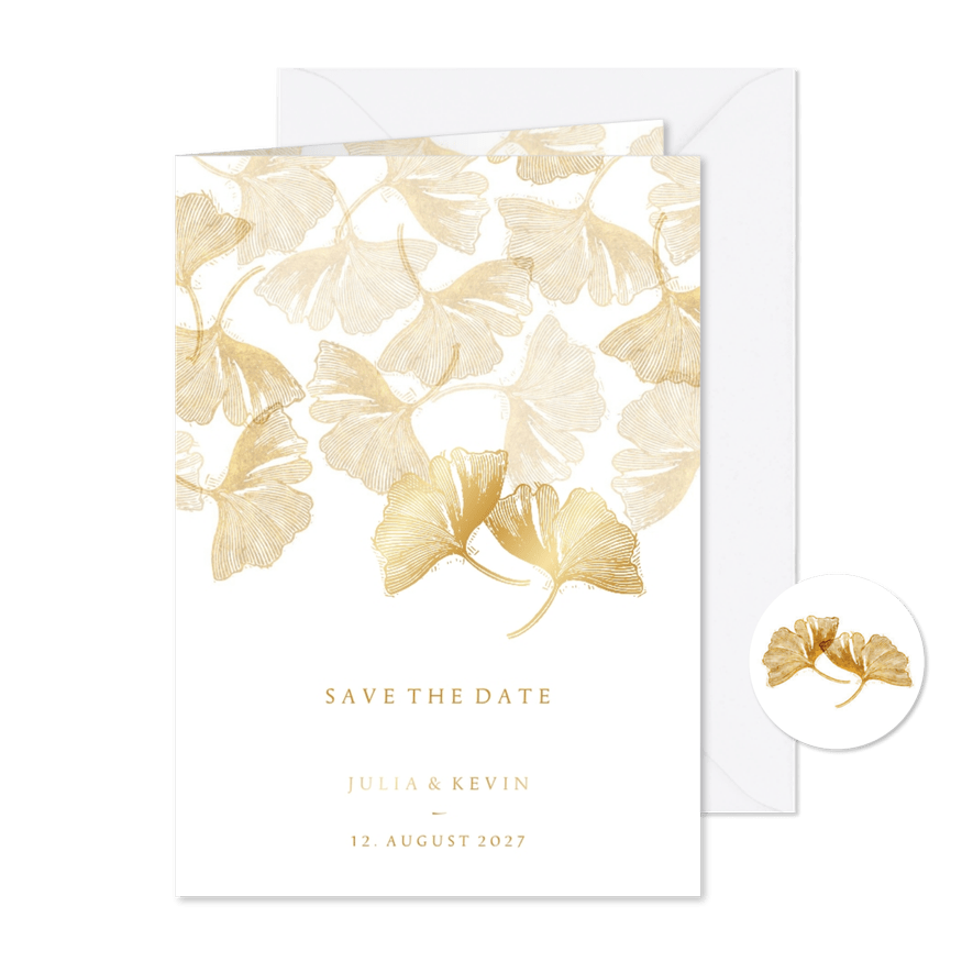 Save-the-Date-Karte Hochzeit Stempel & Ginkgoblätter - Kartenvorschau