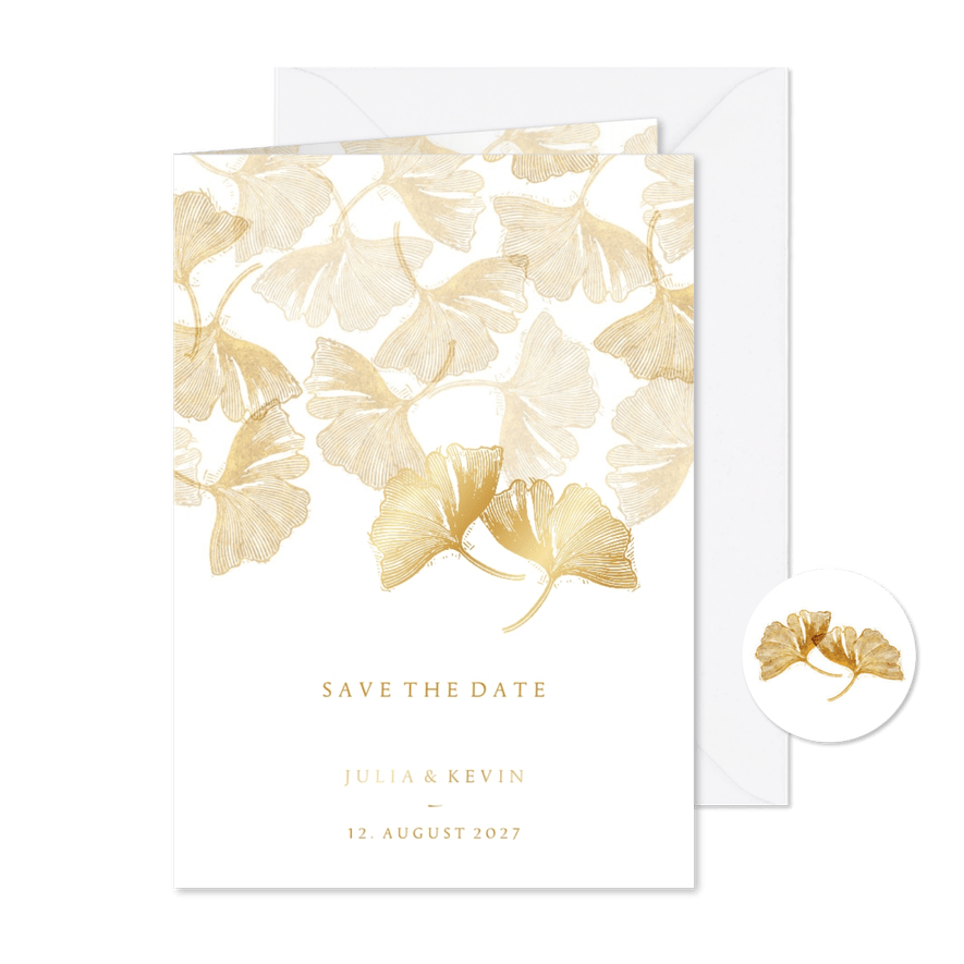 Save-the-Date-Karte Hochzeit Stempel & Ginkgoblätter - Karteneindruck
