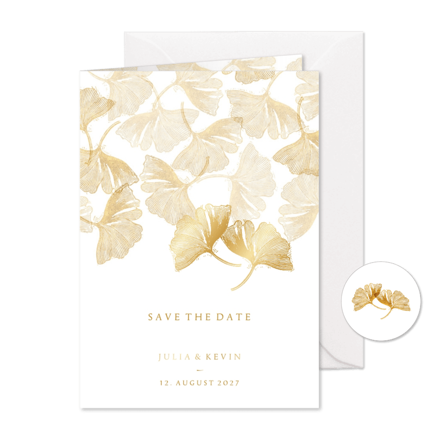 Save-the-Date-Karte Hochzeit Stempel & Ginkgoblätter - Karteneindruck
