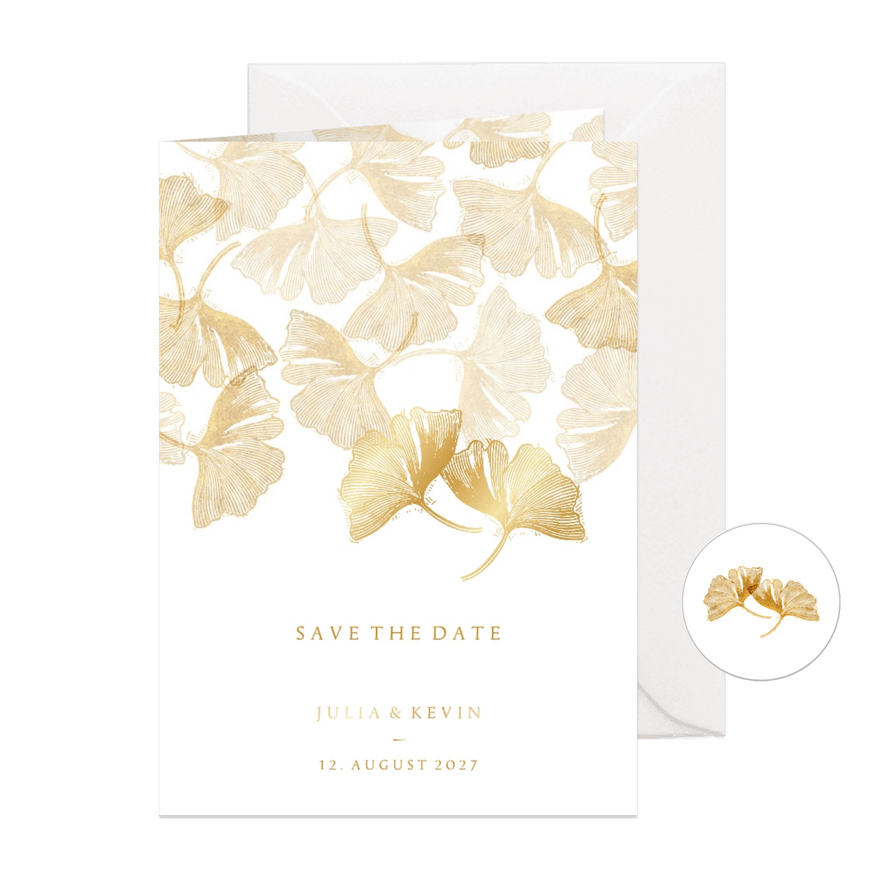 Save-the-Date-Karte Hochzeit Stempel & Ginkgoblätter - Karteneindruck
