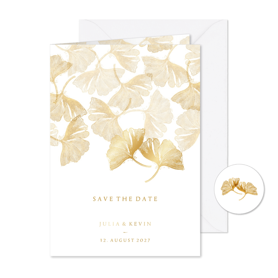 Save-the-Date-Karte Hochzeit Stempel & Ginkgoblätter - Karteneindruck