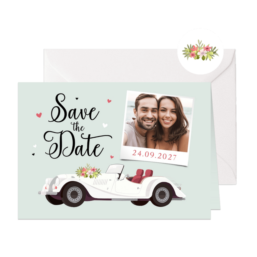 Save-the-Date-Karte Hochzeit Vintage Cabrio Oldtimer - Karteneindruck
