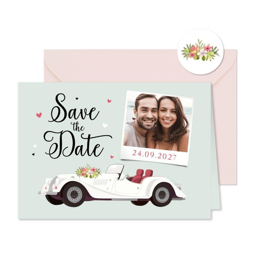 Save-the-Date-Karte Hochzeit Vintage Cabrio Oldtimer - Karteneindruck