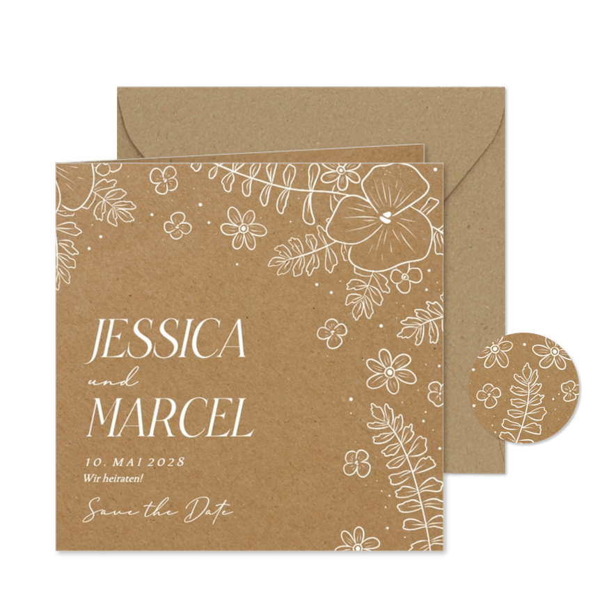Save-the-Date-Karte Hochzeit weiße Blumen Kraftlook-Papier - Kartenvorschau